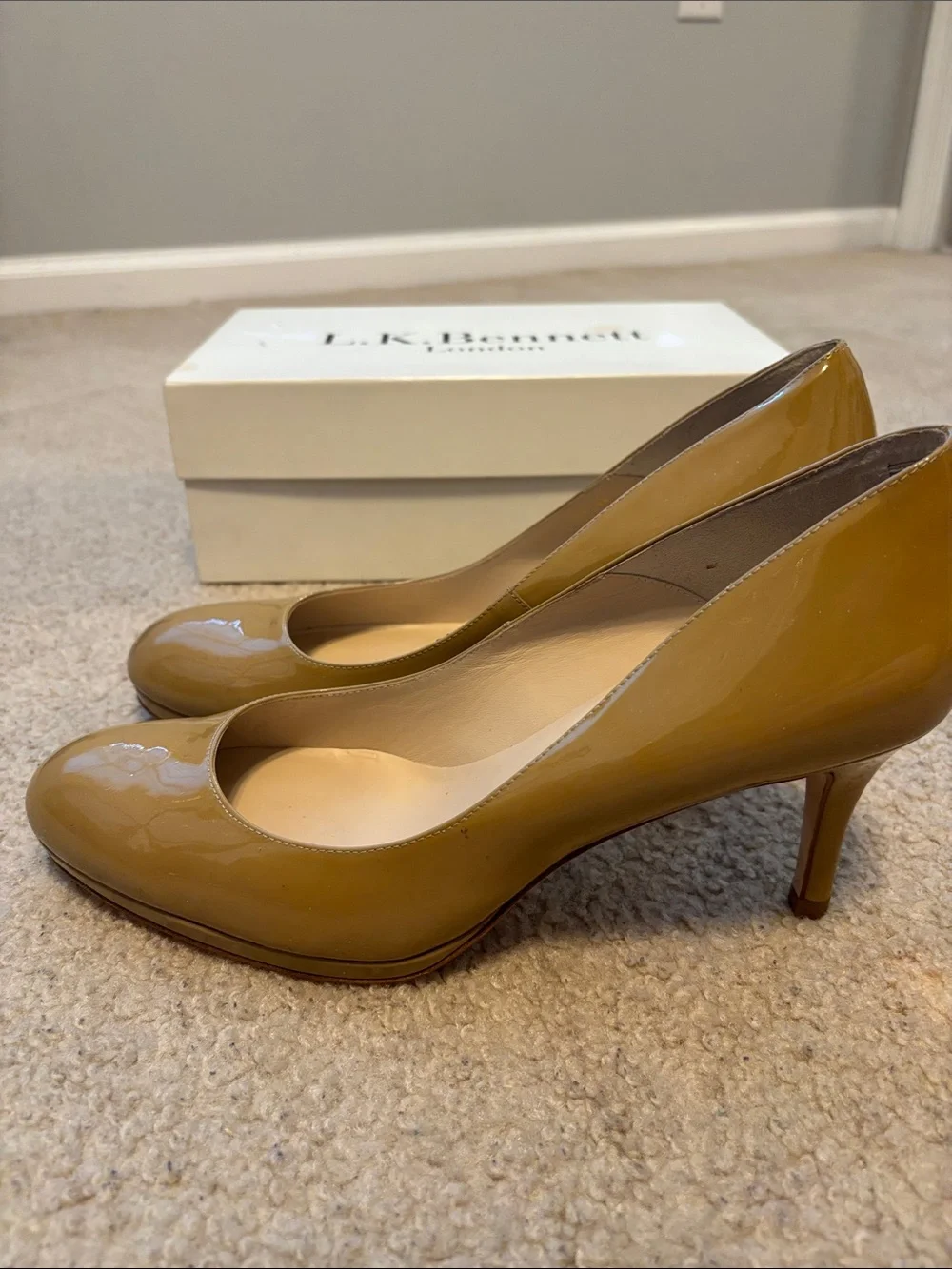 LK Bennett Glossy Patent Leather Pumps in Mustard Brown